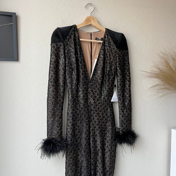 Nadine Merabi Rachel Black Lace Feather Trim Plunge V-Neck Jumpsuit 0 NWT‎ - Picture 3 of 9